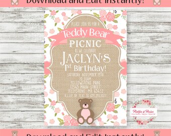 Teddy Bear Picnic Birthday Invitation - Teddy Bear Invitation - Printable Invitation - INSTANT DOWNLOAD - Edit at Home with Adobe Reader Now