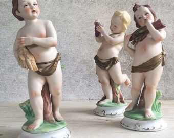 Vintage Cherub statue bisque porcelain, French Provincial decor putti figurines, Andrea by Sadek style angel statues, Hollywood Regency