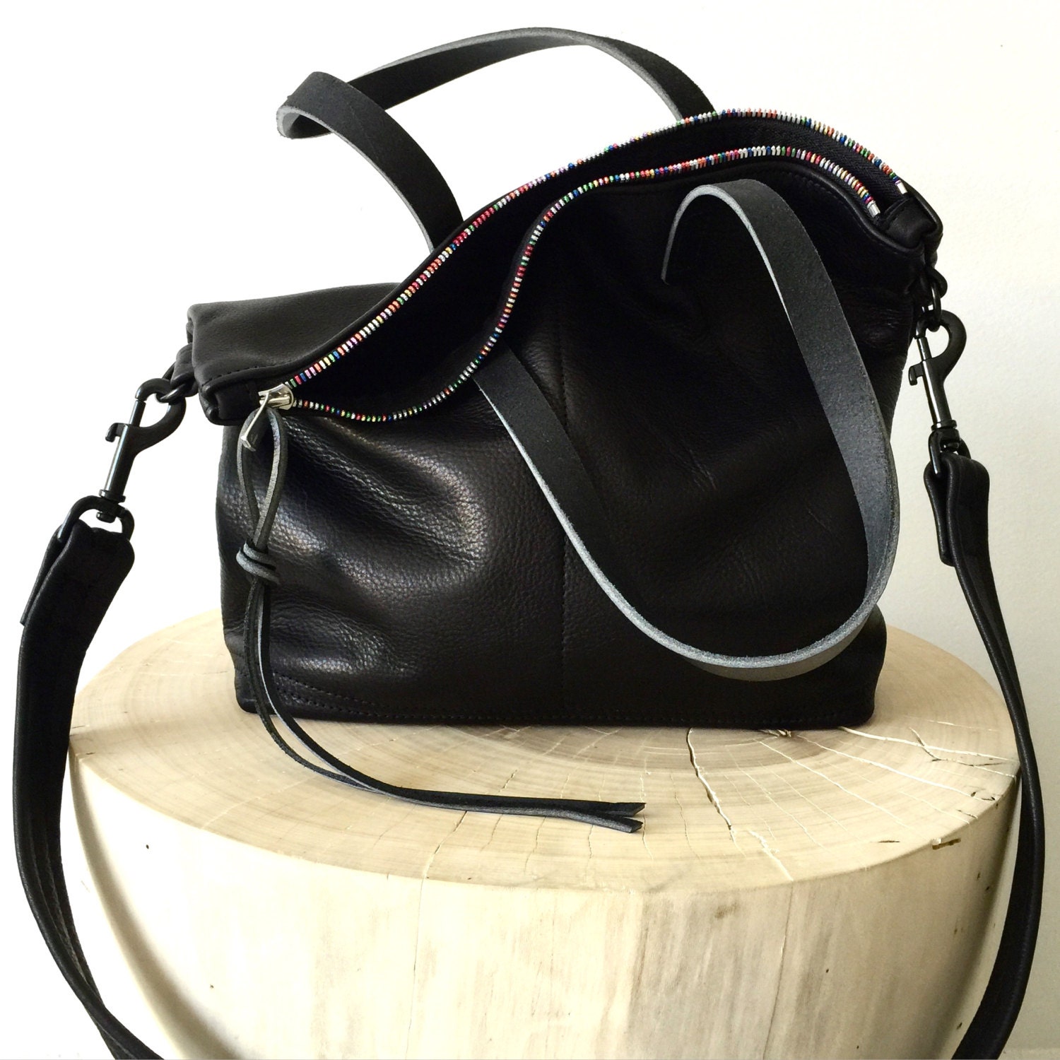 black leather tote bag small black leather bag with rainbow