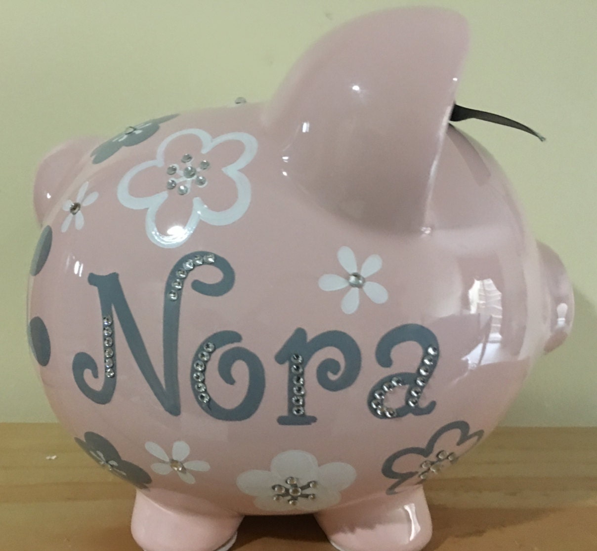 Personalized Large Pink/ Grey flowers Piggy Bank Newborns