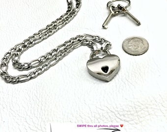 BDSM Day Collar 316L Stainless Steel FIGARO Dainty Chain with Smallest Mini HEART Padlock Closure Submissive Necklace