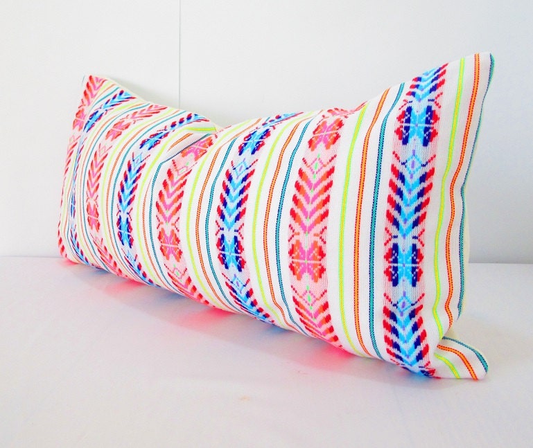 Mexican embroidered pillow Tribal pillow Long White Pillow