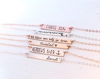 Custom Bar Necklace, Personalized with your Name, Inspiration, or Quote of Choice. Gold, Rose Gold, Sterling Silver. Hand Stamped.
