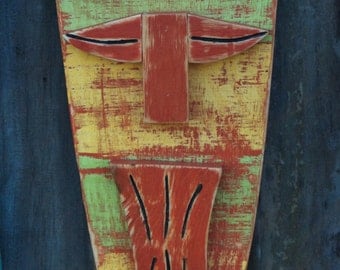 ZEN, Tiki Mask, Tiki Man, Primitive Wall Hanging, Wood Sculpture, Rustic Beach House
