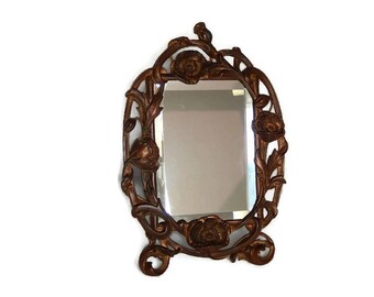 Beautiful Antique Mirror Art Nouveau Mirror Delicate Vining Flower Stalks Flower Bud & Leaves, Copper Plated Cast Metal Heavy Beveled Mirror