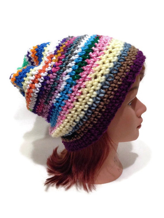 yarn sock crochet hat pattern using Rainbow Hat Yarn Hat Rainbow Beanie Boho Boho Hippie Slouchy Scrap Hat