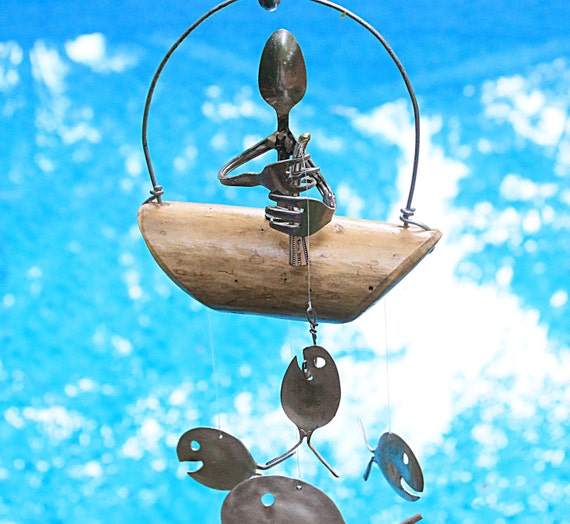 Minature Man Fishing Wind Chime Fairy Garden Art Figurine
