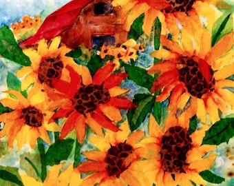 Colorful Watercolor Collage of Barn and Sunflowers by Colorado Artist Martha Kisling