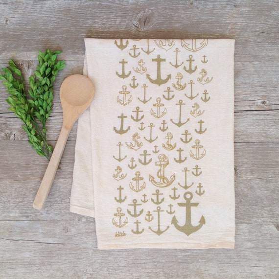 Tea Towel Anchor Tea Towel Organic Nautical Gold by KitchStudios