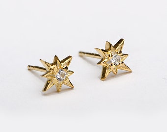 White Zirconia Starburst Stud Earrings, Sterling Silver, Gold Plated, North Star Earrings, Minimal Lunaijewelry, Gift for Her, STD049WCZ
