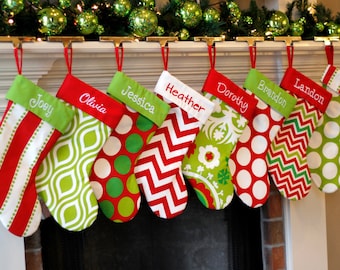 Personalized Christmas Stocking. Monogrammed Christmas Stockings. Embroidered Christmas Stockings. Red Green Lime Christmas Stockings Family