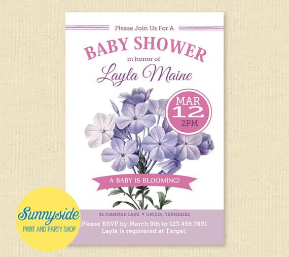 Baby Shower Invitation, Baby Girl Floral Garden Invite - Purple, Lilac Printable Invitation Il_570xn