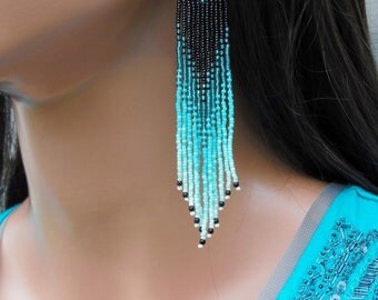 Long Seed Bead Earrings - Beaded Teal Earrings - Ombre - Fringe Earrings - Black & Green Dangle Earrings - Gift for Her Ready to Ship