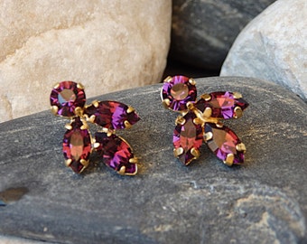 Amethyst Cluster Earrings, Purple Stud Earrings, Gold Amethyst Post Earrings, Purple Swarovski Earrings, Purple Amethyst Swarovski Earrings