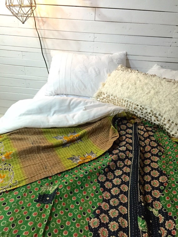 Kantha Quilt Throw Boho Bedding Kantha Blanket by BohoCircus
