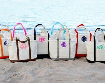 Monogrammed Canvas Tote Bag - Large Monogrammed Tote Bag - Canvas Boat Tote Beach Bag - Discount On Four Or More Bags - 13 In Stock Colors