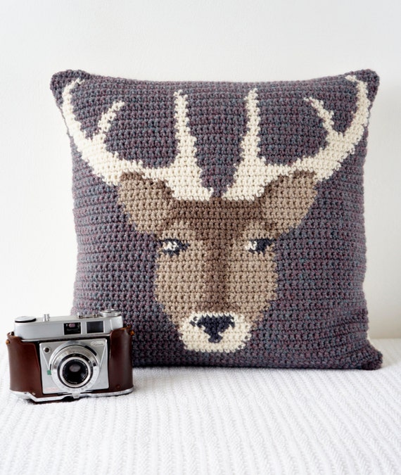 Crochet Pillow Cover Pattern Cushion PDF Stag Woodland Decor Countryside Wildlife Animals Deer Modern Decor