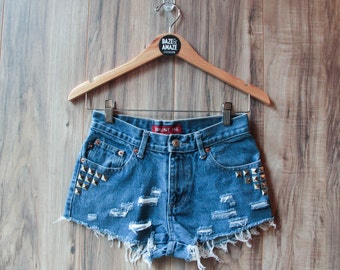 High waist vintage studded denim shorts Size 3 | Ripped distressed shorts | Silver pyramid studded | Festival shorts | Silver studded shorts