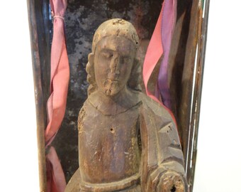 Early 1900's Mexican Nicho Altar Shrine with Santos, Hand Carved Saint