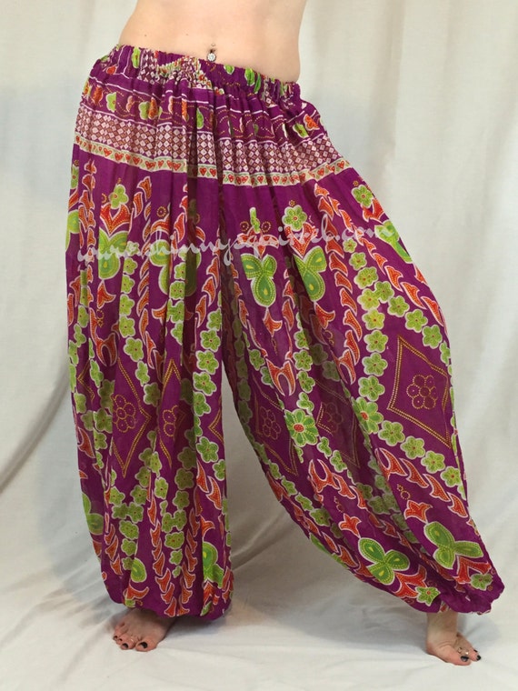 upcycled cotton sari harem pants in wine and green for belly