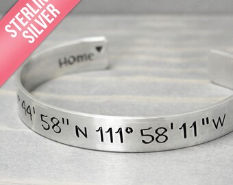 Wide Silver Coordinate Cuff, Silver Cuff, Coordinate Bracelet, Custom Coordinates, Coordinate Cuff, Personalized Jewelry