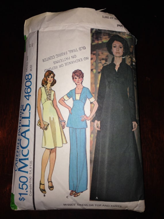 Misses Maxi Dress Or Top And Pants McCalls Sewing Pattern 4608 70s Size 20