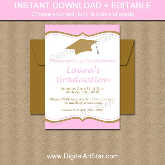 Pink & Gold Graduation Invitation Template by digitalartstar