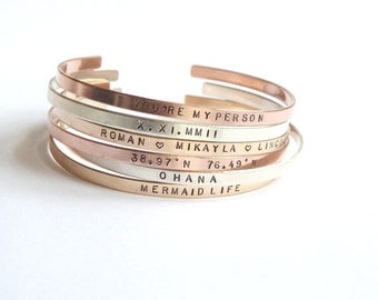 Rose Gold Personalized Bracelet,Personlized Mom Gift, Thin Gold Cuff, Custom Hand stamped,Grandma Gift,Stacking Bangle, Inspirational Bangle