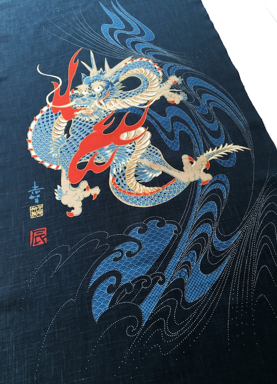Japanese dragon noren panel indigo blue curtain indigo noren