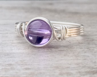 Amethyst ring, Silver wire wrapped amethyst ring, Amethyst wire wrapped ring, silver gemstone ring