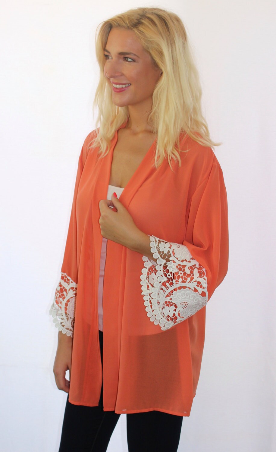 Striking Orange Romantic Floral Kimono Vintage Style Kimono