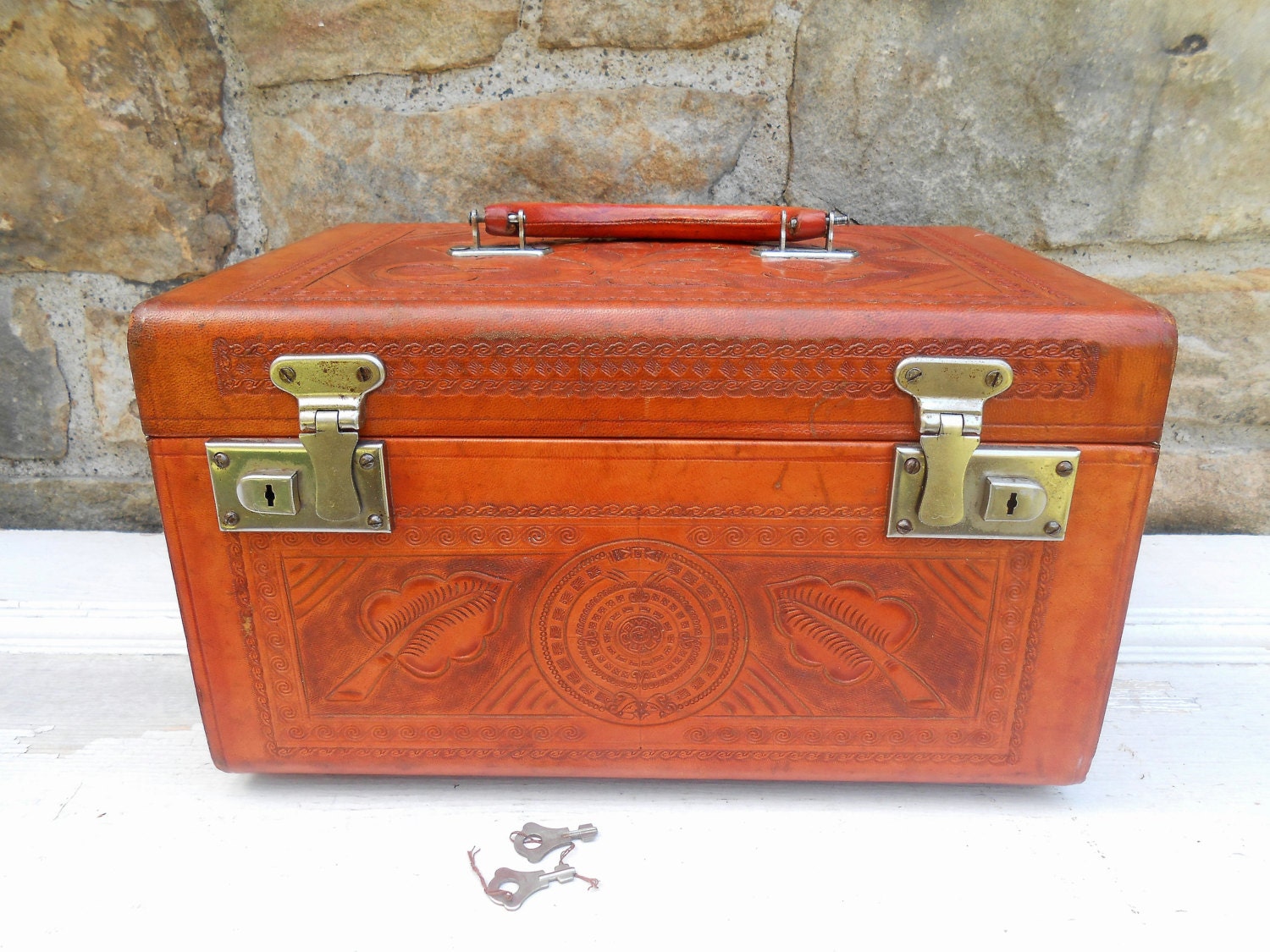 Vintage Tooled Leather Train Case Small Suitcase by Swansdowne