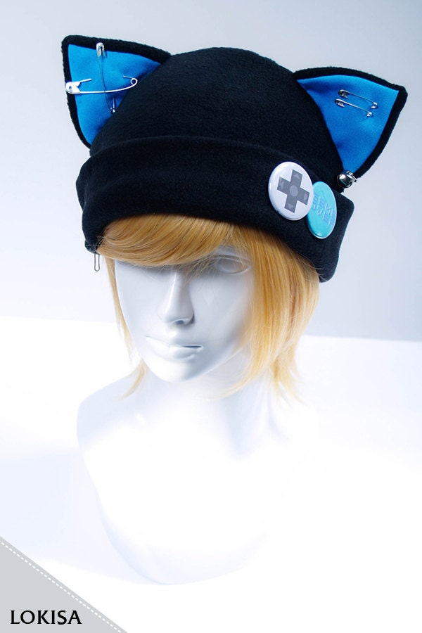Cat Kitty Fleece Hat Anime Cosplay Gamer Cat Game Over Teal