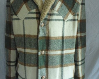 Johnson Woolen Mills Vermont Made 60s 70s Mens Size 44 XL LARGE Green Plaid 100% WOOL Pile Winter Jacket