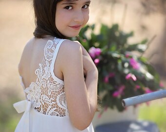 Wedding Ivory Lace Flower Girl Dress, Floor Length Lace Flower Girl Dress, Party Dress, Jr. Bridesmaid Dress, Bohemian Wedding