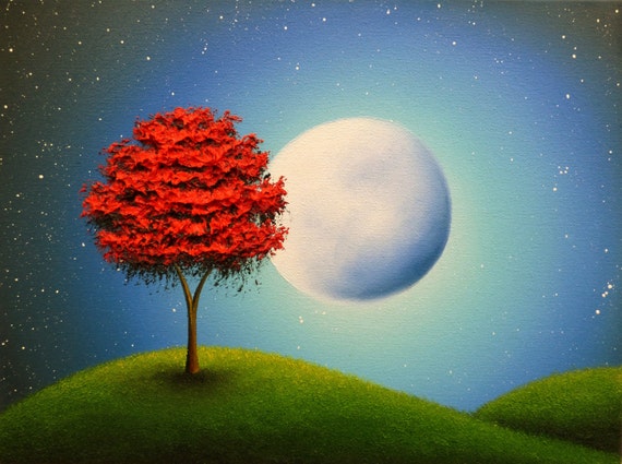 ORIGINAL Oil Painting, Full Moon Wall Decor, Red Tree Painting Nursery Art, Blue Night Textured Canvas Art, Moon Landscape Painting, 12x16