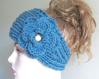SALE Flower Headbands Ear warmers Turban Aqua Turquoise Teal Jeweled Crochet Chunky Knit Fall Winter Accessories Womens Girls Knit Headwraps