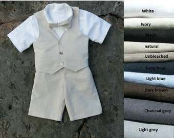Ring bearer shorts outfit, boys bow tie, shorts, shirt, vest. Boys linen suit, toddler boy outfit, boys wedding outfit, ring bearer suit