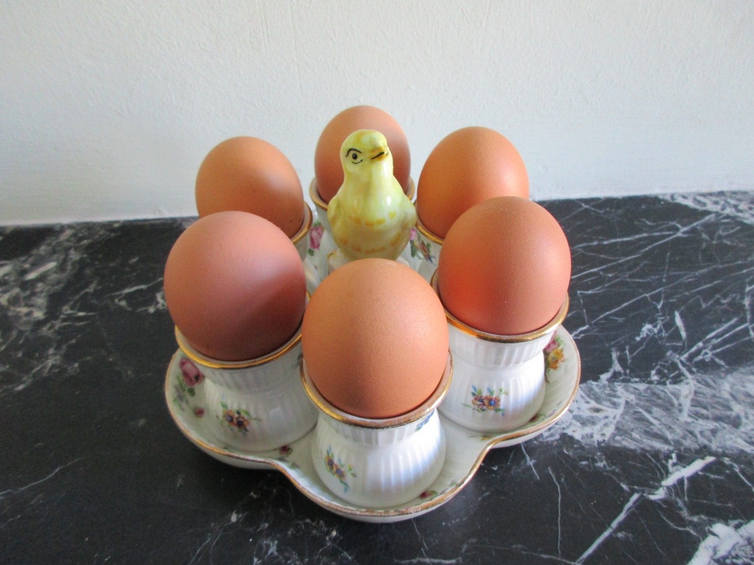 Vintage French Porcelain Chicken Egg Holder Comes with Six