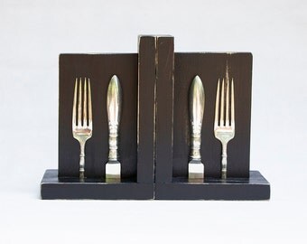 Bookends - Vintage Silver Plated Silverware Shabby Chic Distressed Black Wood - Perfect for Cookbooks