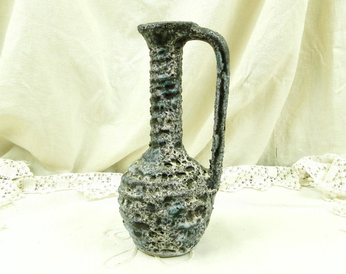Vintage French Mid Century Black and White Lava Vase Jug, 1960s Vallauris Bubble Dark Glaze Ecume des Mers, 1950s Design Tall Necked Pot