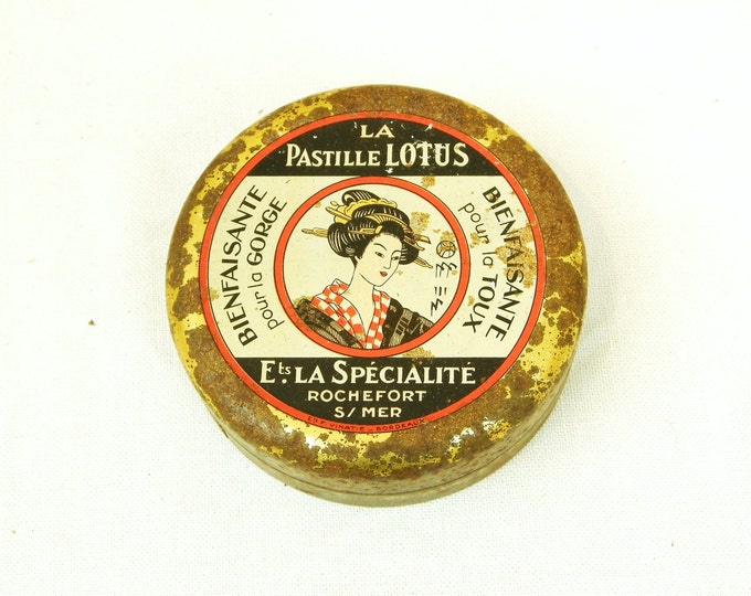 Antique French Metal Tin for "La Pastille Lotus" Medical Candy / French Decor / Vintage Retro Gift / Apothecary / Medical / Box / Japan