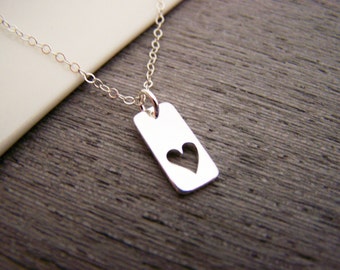 Tiny Rectangle Heart Tag - Sterling Silver Necklace - Simple Jewelry - Everyday Necklace / Gift for Her