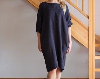 Linen dress Navy linen dress Oversize linen dress V neckline dress Round neckline dress Women Midnight Blue Beige White Sky Blue dress