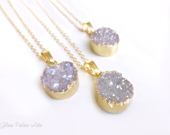 Druzy Necklace Gold, Natural Druzy Necklace, Small Crystal Gemstone Necklace Bridesmaid Gift, Druzy Pendant Necklace, Agate Druzy Lavender