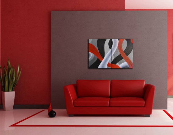 Red white black silver abstract paintings fun wall by ZarasShop