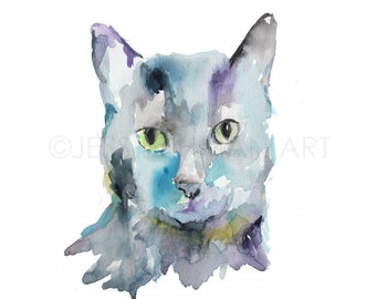 Cat Watercolor Painting Print, Black Cat Painting, Cat Watercolor, Cat Illustration, Print of Cat, Pet Painting, Animal Watercolor