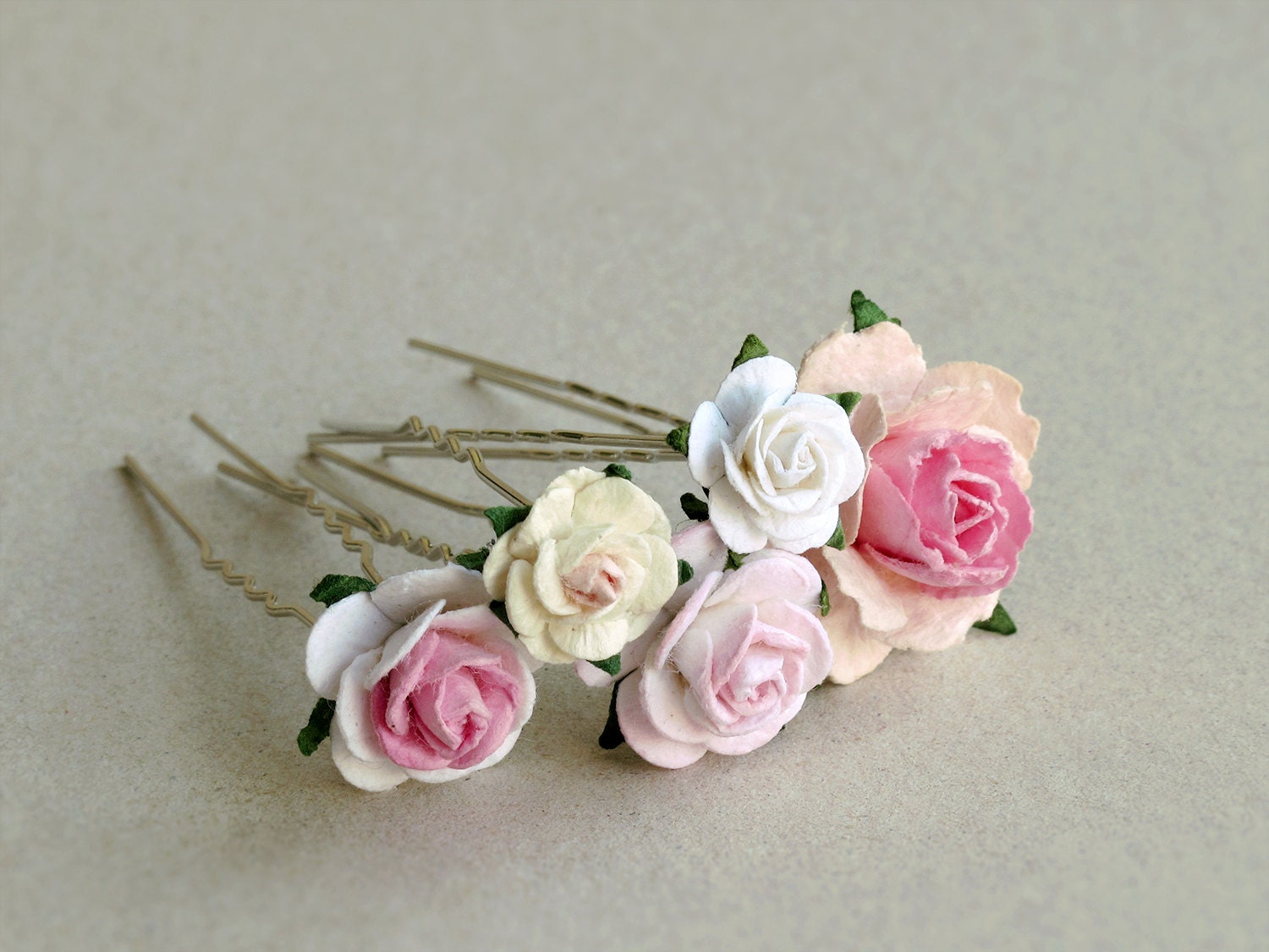 Pink Flower Hair Pins assorted set of 5 Made of mulberry