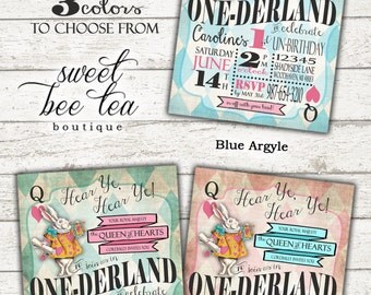 Boys Girls Alice in Wonderland First Birthday Invitation - Onederland Printable Invite - Tea Party - White Rabbit Queen of Hearts Mad Hatter