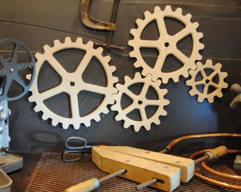 Steampunk Dacor - four gear set,. Large gears, Wooden Gears, Wood Gears, Steampunk Ideas, Industrial Wall Dacor